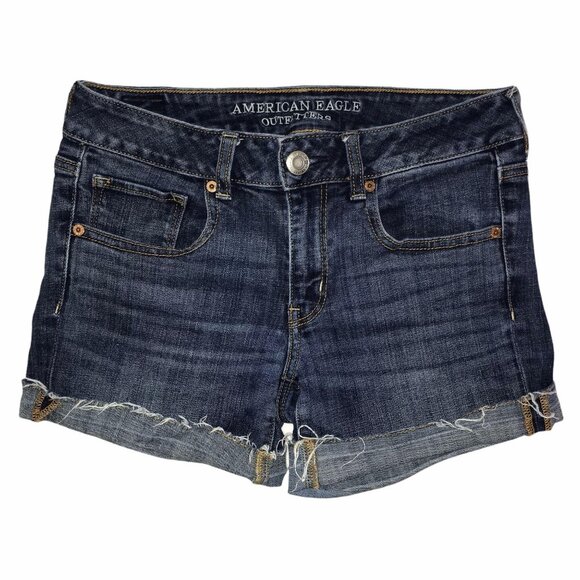 American Eagle Outfitters Pants - American Eagle Distressed Shorts Womens 6 Dark Wash Super Stretch Cuffed Grunge